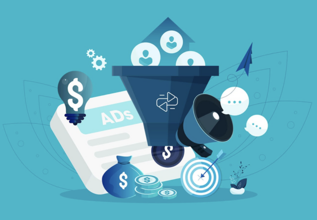 Marketing icons going into a funnel